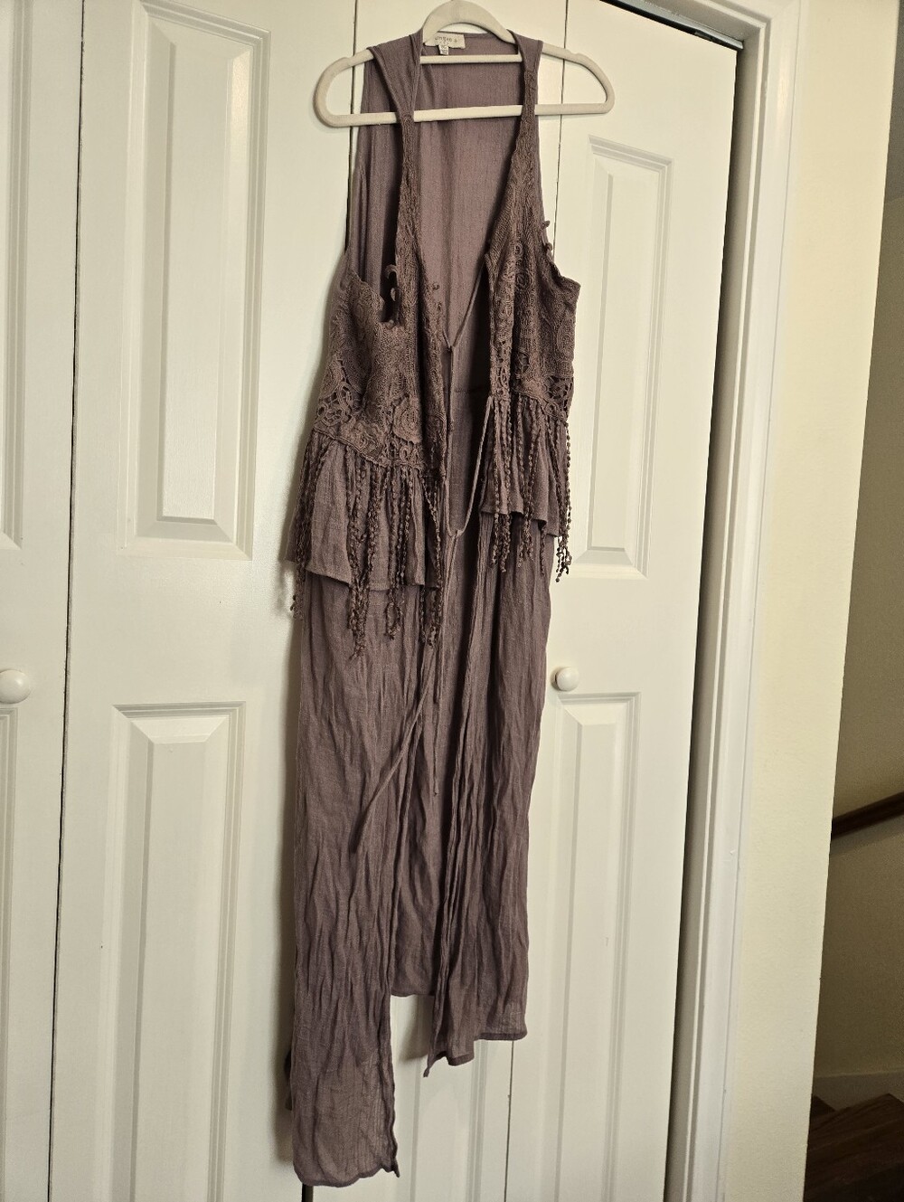 Umgee Boho Lace-Trim Sleeveless Duster Vest -dusty Lavender/ Mauve